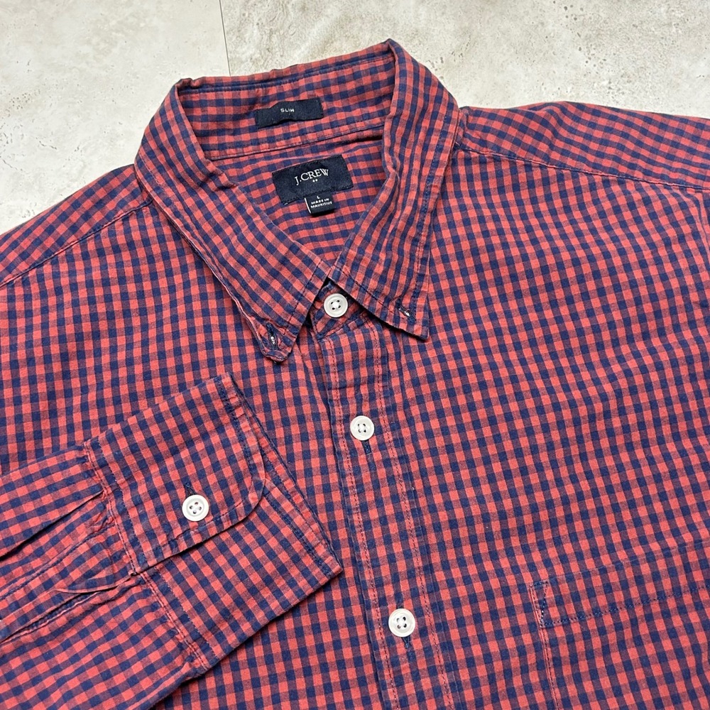 J.Crew Button Down Shirt Red Navy Gingham Mens Large Slim Fit Check 0292